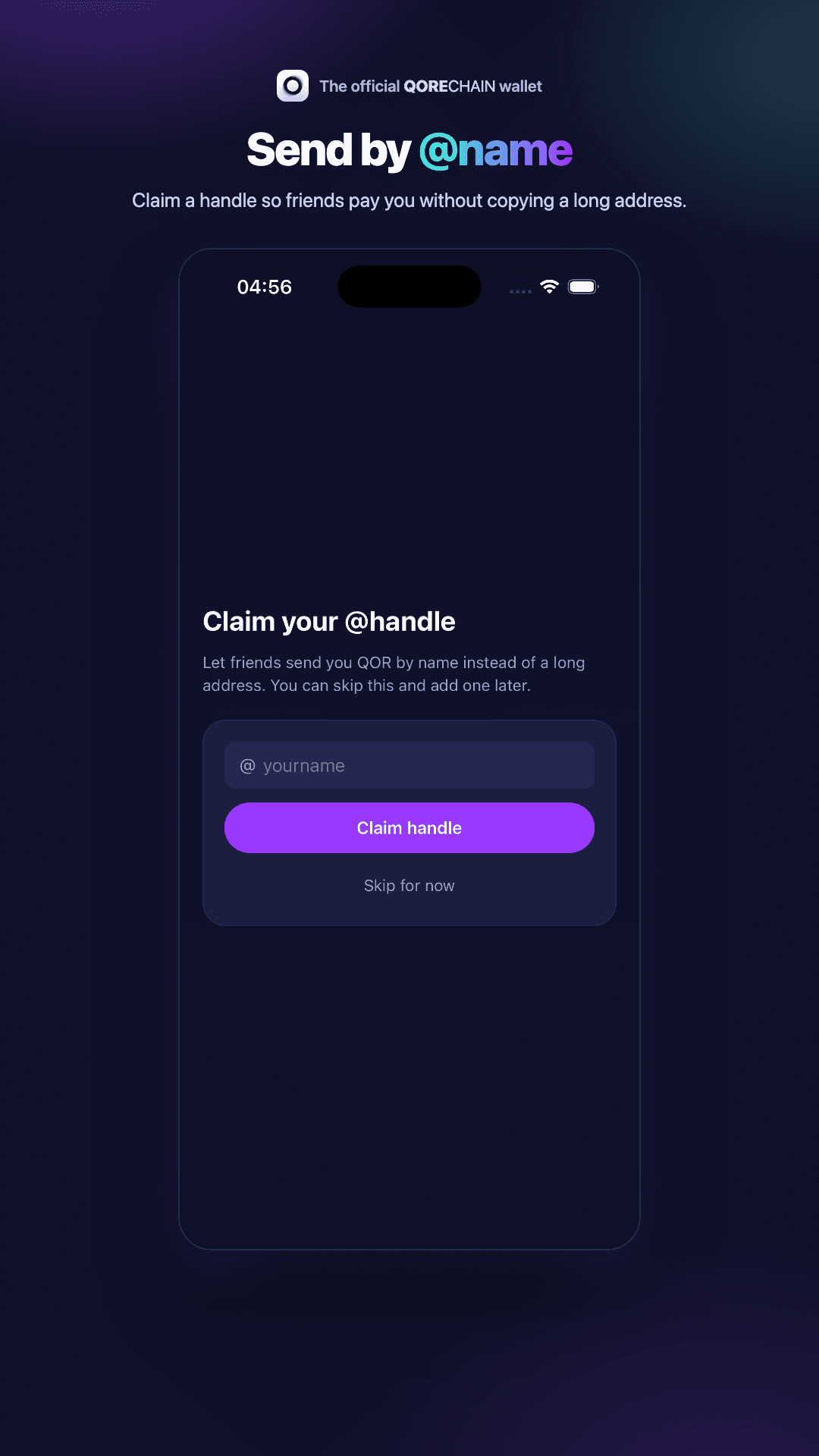 QoreX pe Android: revendicarea unui @handle pentru a primi QOR după nume
