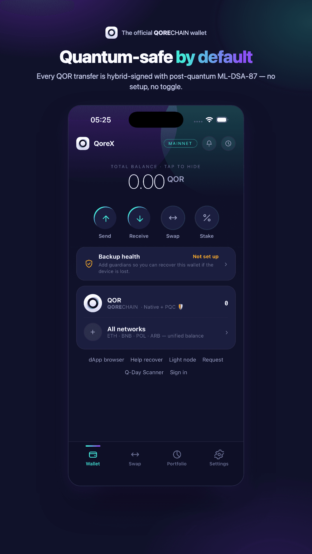 QoreX on Android: home screen with unified balance, send, receive, swap and stake