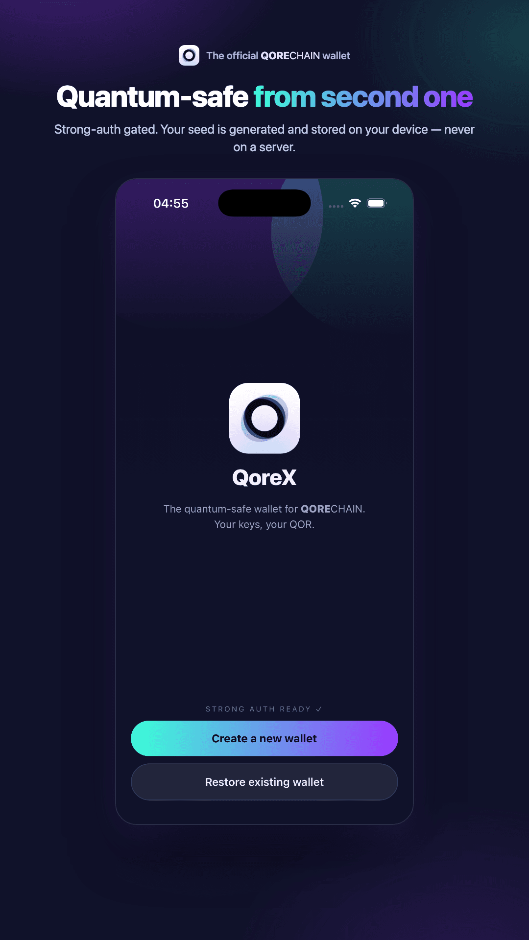QoreX pe Android: onboarding cu Creează un portofel nou, fără frază seed afișată