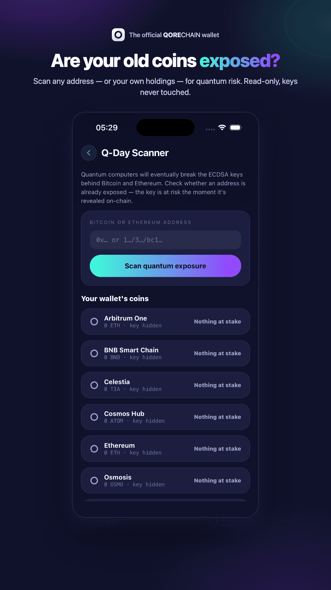 QoreX pe Android: Q-Day Scanner verificând adrese pentru expunere cuantică