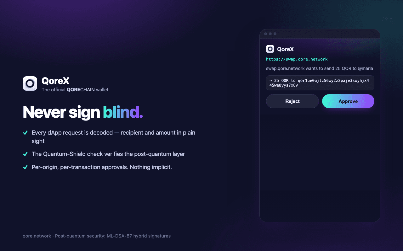 QoreX extension: never sign blind — every dApp request decoded with recipient and amount in plain sight